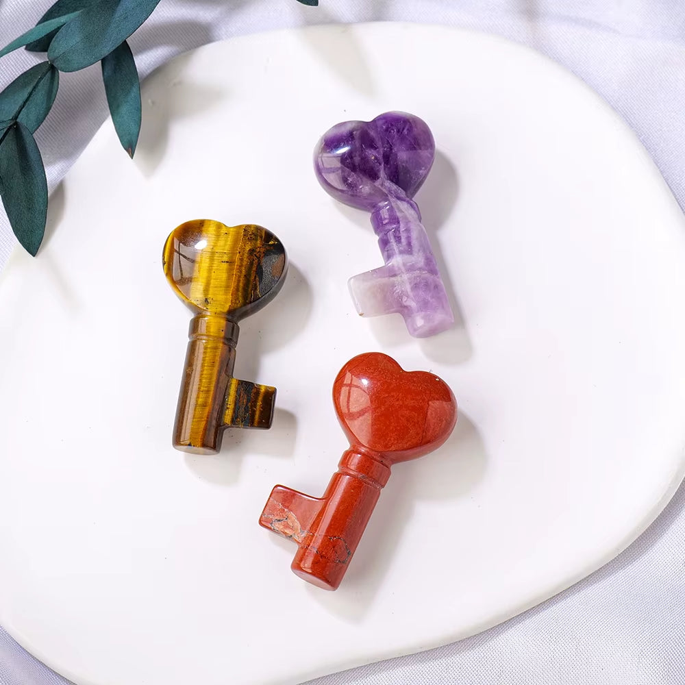 1PC Natural Crystal Stone Heart Key Shape Rose Quartz Amethyst Carving Gemstone DIY Jewelry Necklace