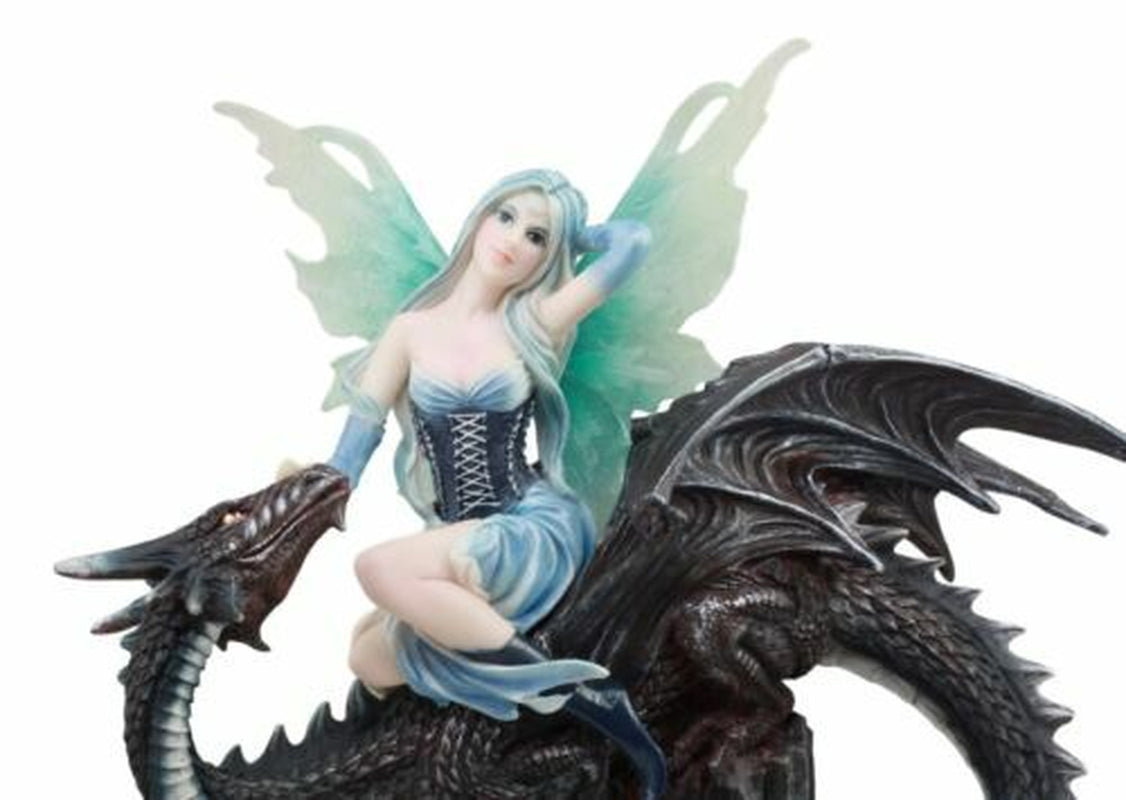 Large 13" Tall Blue Ice Frozen Lair Fairy with Black Skull Dragon Figurine
