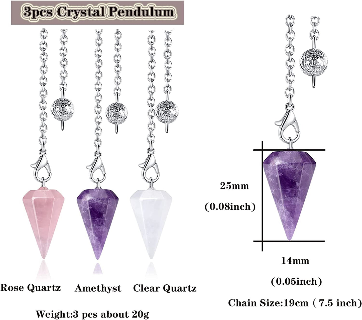 3 Pcs Crystal Pendulums Set for Divination Dowsing Natural Amethyst Rose Quartz Clear Quartz Healing Crystal Quartz Reiki Gemstone Pendants Witchcraft Wiccan Accessories