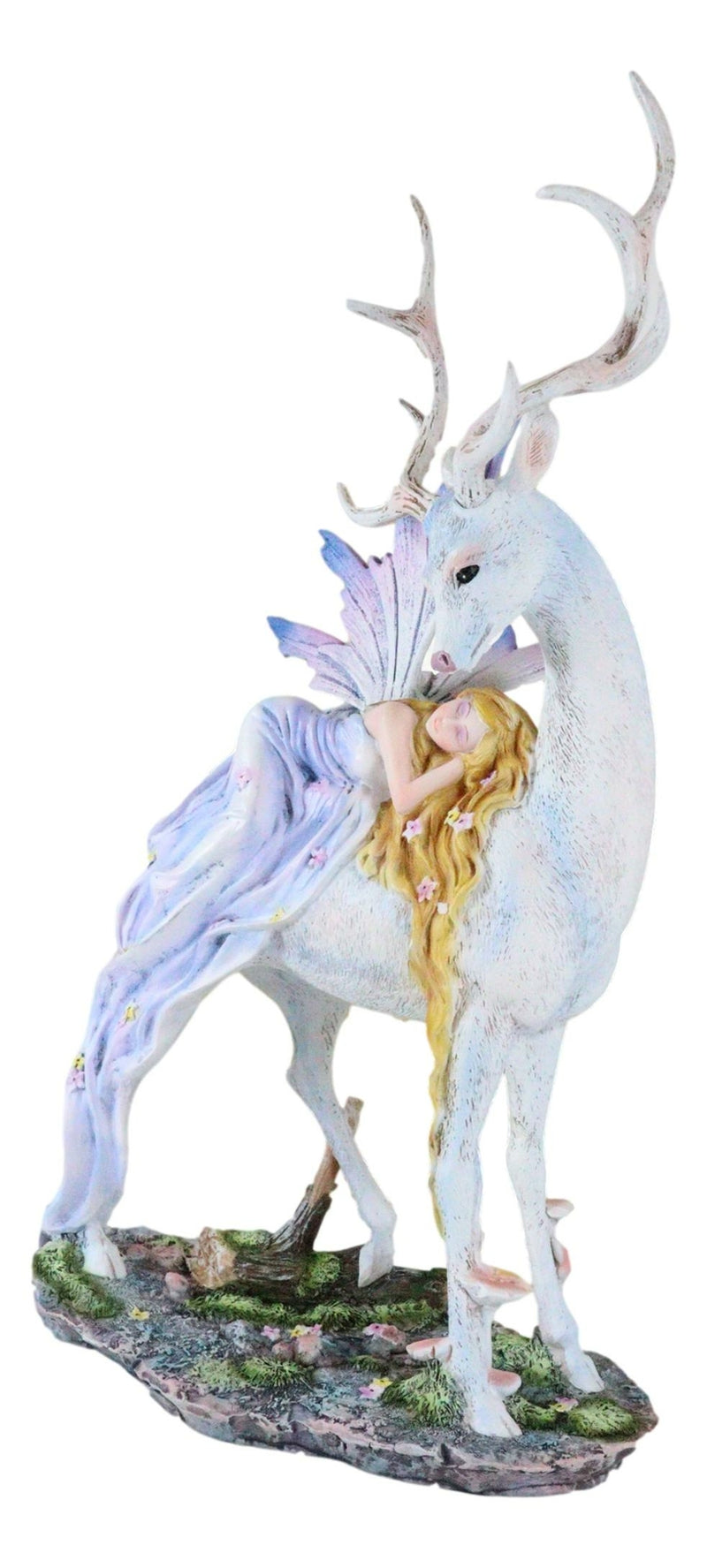 Ebros Large Blonde Fairy Sleeping on Sacred Capiz Blue Pearl Stag Elk Statue