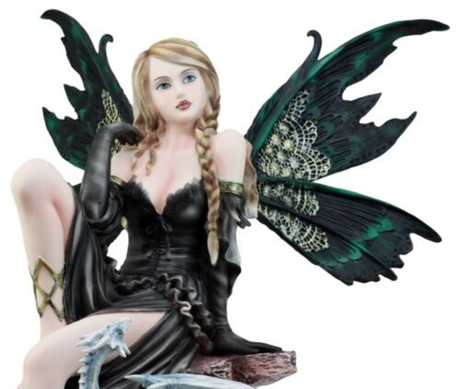 Large 17.5"H Collectible Large Fantasy Fairy with Black Dragon Figurine Statue