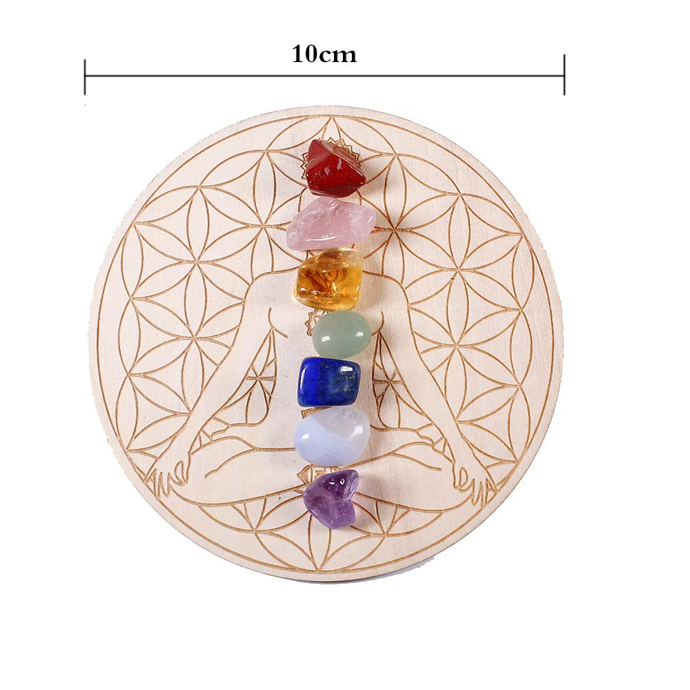 7Pcs/Set Natural Crystal Mixed Seven Chakra Healing Stone + Seven Star Array Wood Plate Gravel Chips Chakra Home Decor Gift