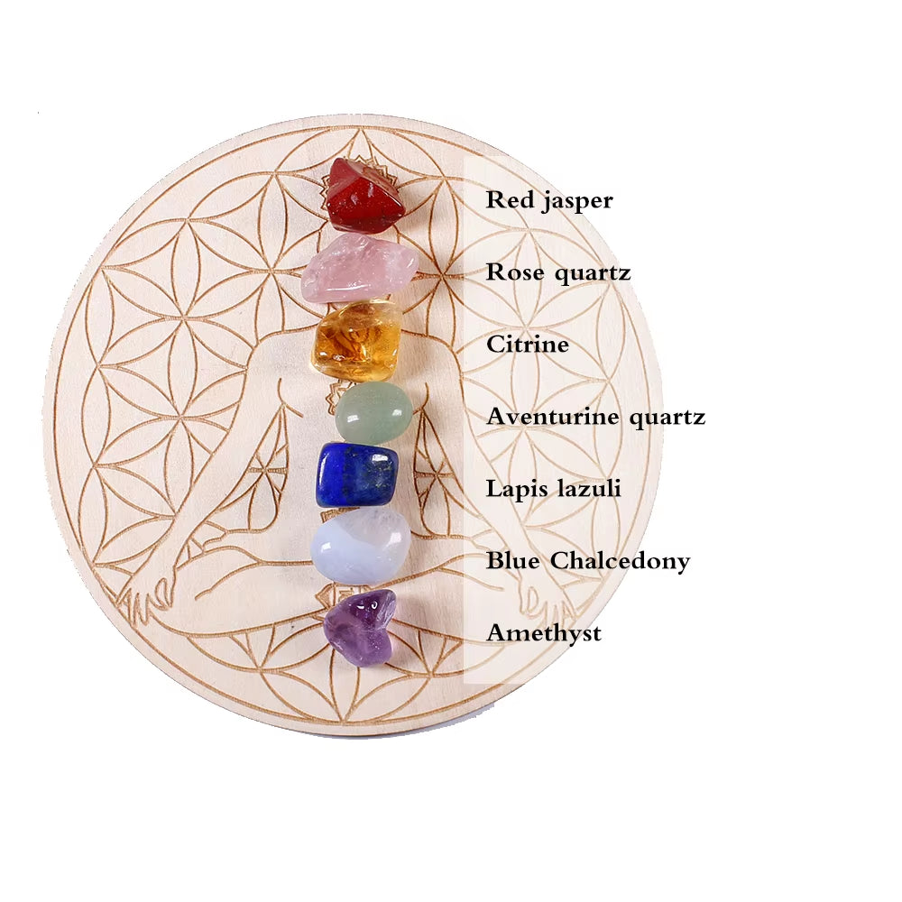 7Pcs/Set Natural Crystal Mixed Seven Chakra Healing Stone + Seven Star Array Wood Plate Gravel Chips Chakra Home Decor Gift
