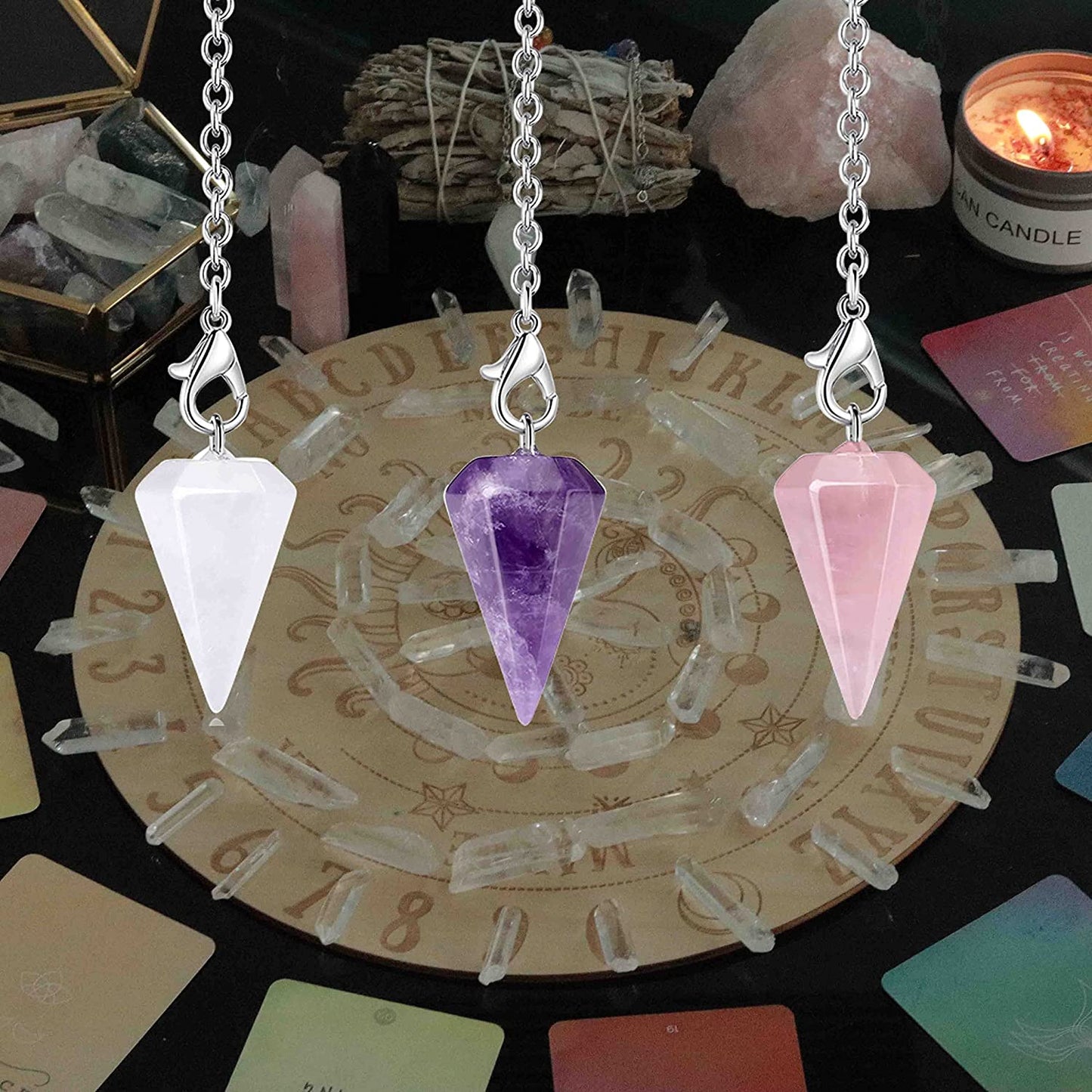 3 Pcs Crystal Pendulums Set for Divination Dowsing Natural Amethyst Rose Quartz Clear Quartz Healing Crystal Quartz Reiki Gemstone Pendants Witchcraft Wiccan Accessories