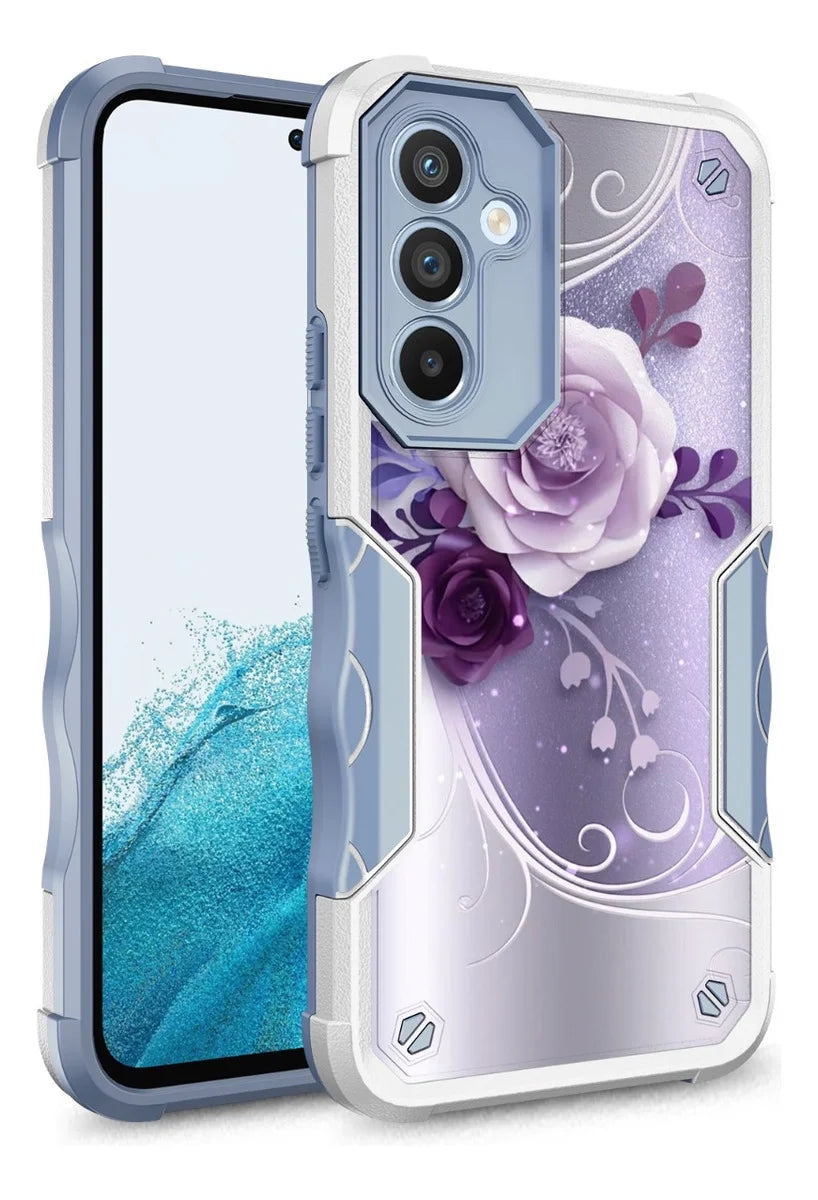 Samsung Galaxy S24 FE Case, Hybrid Dual Layer Graphic Design Pattern Heavy Duty Protection Case for Samsung Galaxy S24 FE (Purple Flower)