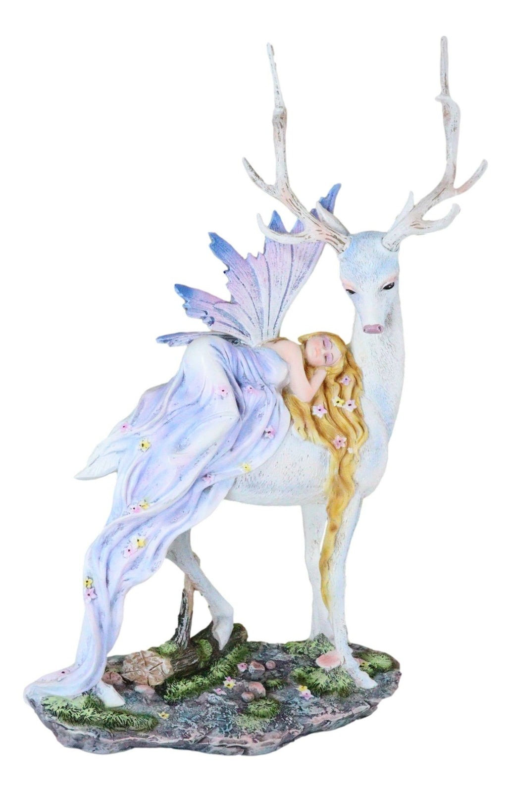 Ebros Large Blonde Fairy Sleeping on Sacred Capiz Blue Pearl Stag Elk Statue