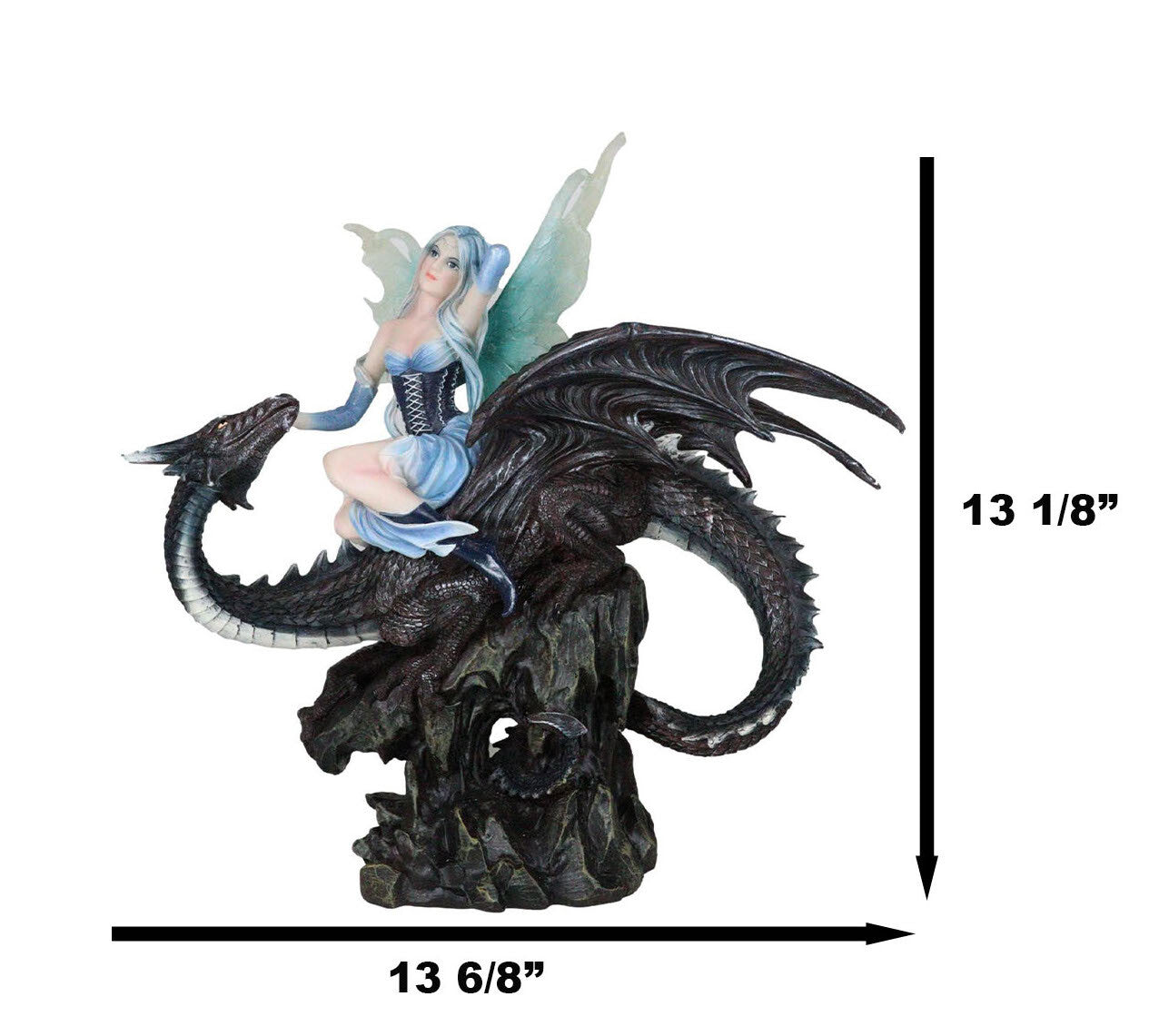 Large 13" Tall Blue Ice Frozen Lair Fairy with Black Skull Dragon Figurine