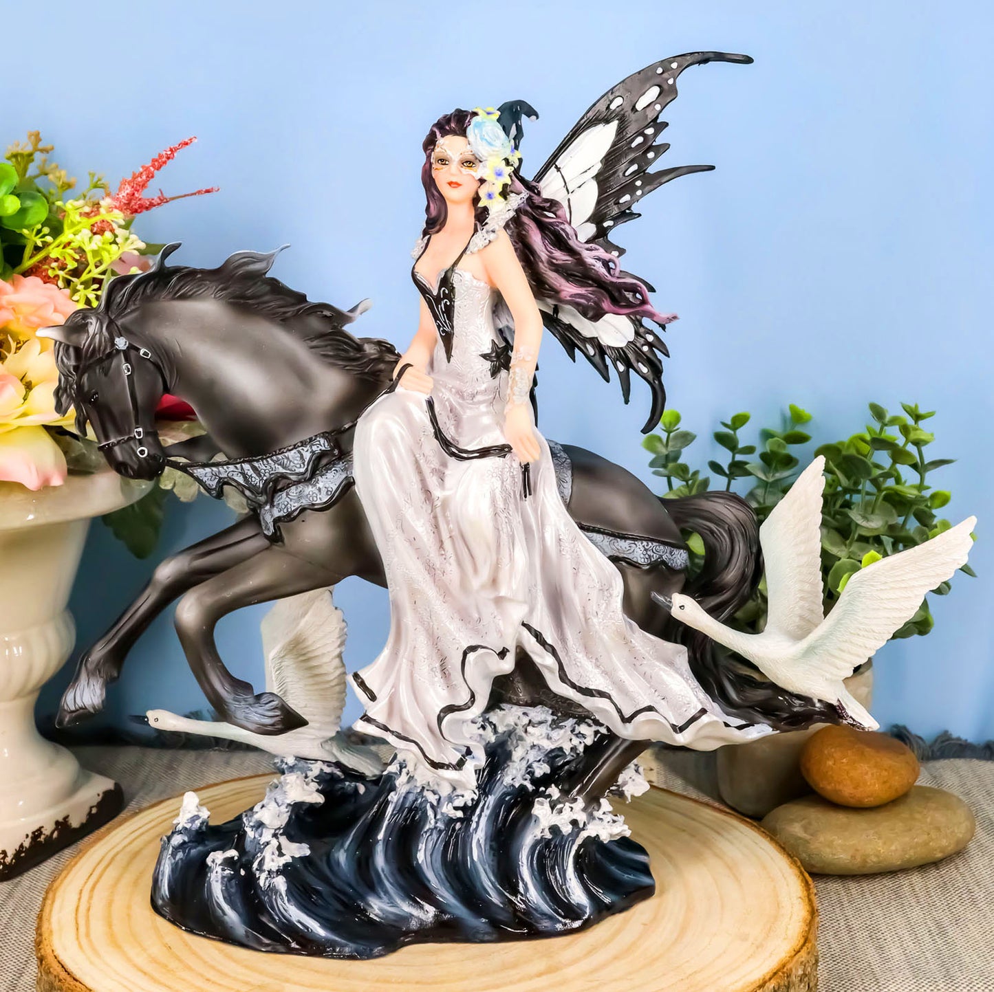 Ebros Black Beauty Masquerade Swan Fairy Riding Black Horse Figurine 12"H