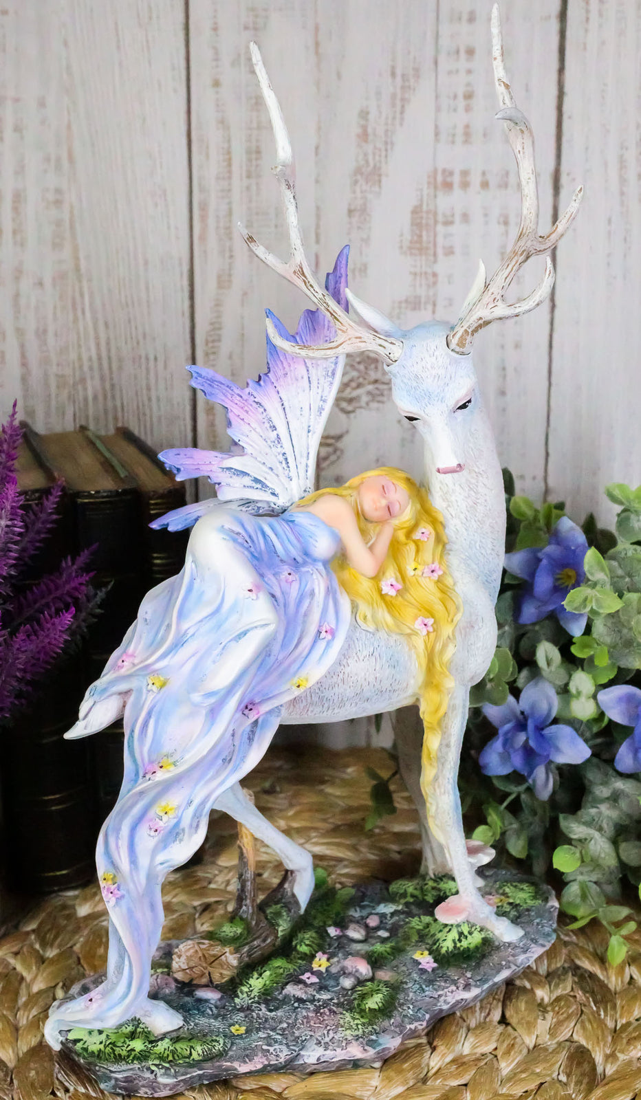 Ebros Large Blonde Fairy Sleeping on Sacred Capiz Blue Pearl Stag Elk Statue