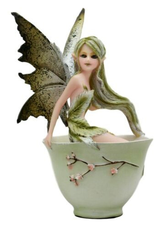 Ebros Amy Brown Matcha Green Tea Fairy in Teacup Figurine Fairy Garden 6"H
