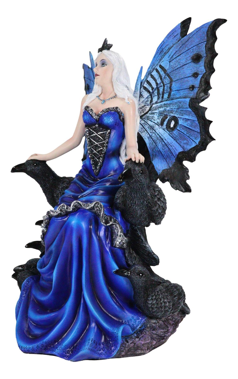 Gothic Raven Crow Fairy Queen in Blue Gown Sitting on Throne of Crows Statue