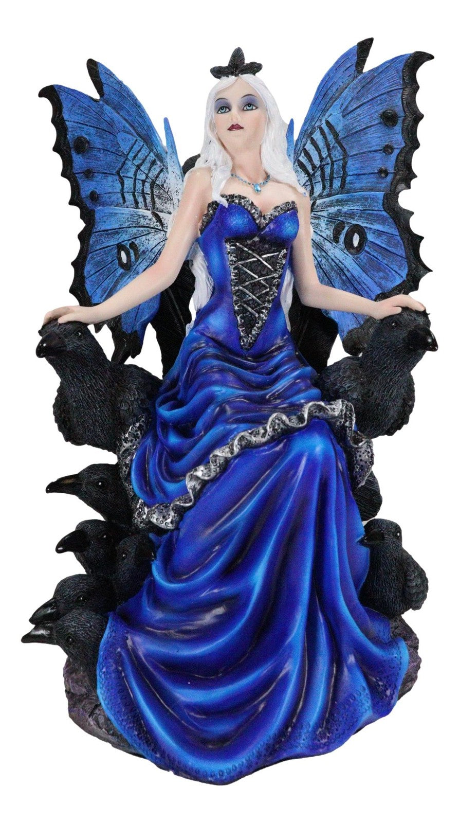 Gothic Raven Crow Fairy Queen in Blue Gown Sitting on Throne of Crows Statue