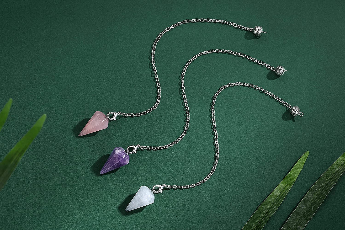 3 Pcs Crystal Pendulums Set for Divination Dowsing Natural Amethyst Rose Quartz Clear Quartz Healing Crystal Quartz Reiki Gemstone Pendants Witchcraft Wiccan Accessories