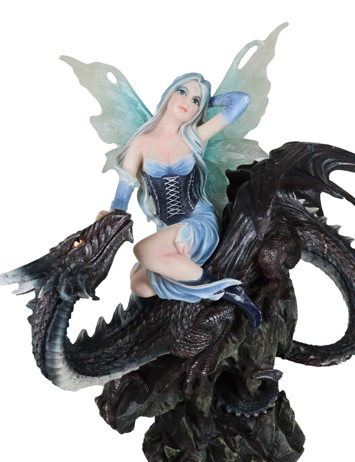 Large 13" Tall Blue Ice Frozen Lair Fairy with Black Skull Dragon Figurine