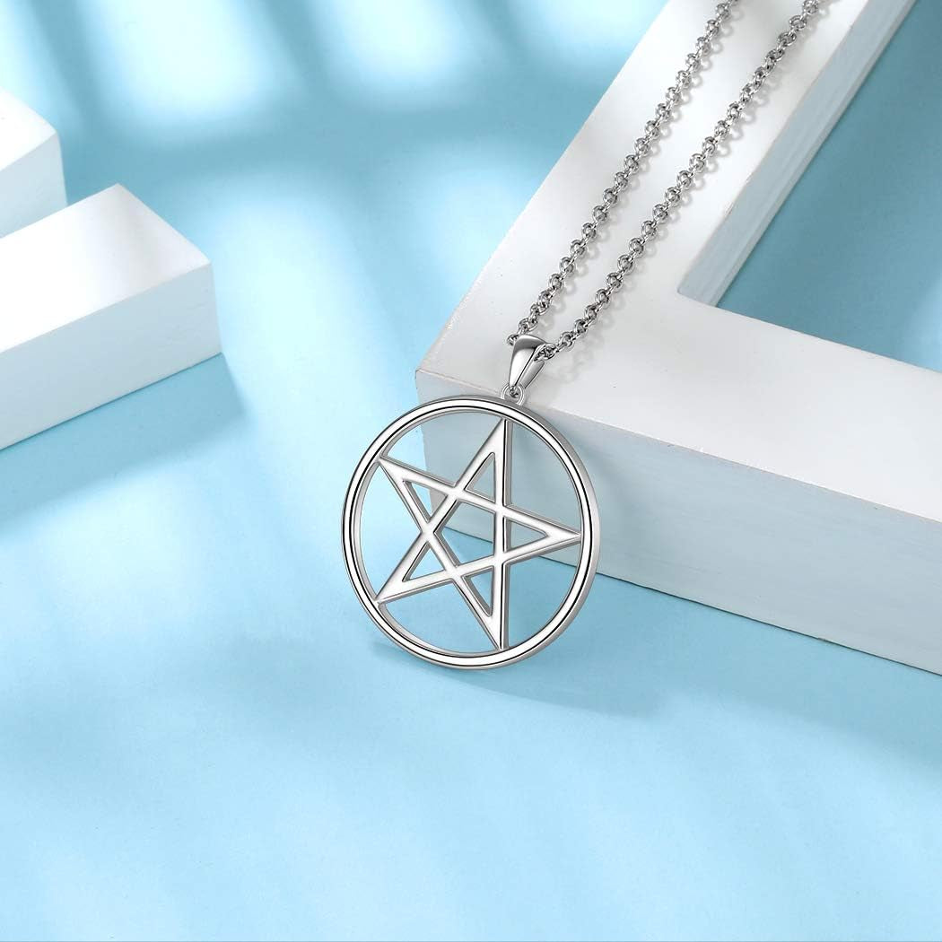 925 Sterling Silver Pentagram Necklace - Fine Jewelry Gift for Women Men'S Pentacle Pendant Charm Gothic Wiccan Crescent Moon Cross Evil Eye Amulet