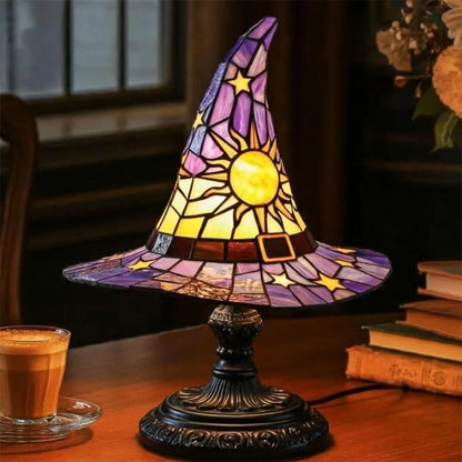 Witch Hat Lamp Stained Glass Resin, Handmade Gothic Witch Hat Lamp, Small Wizard Hats Shape Spooky Fun Light for Indoor Party Haunted Wiccan Halloween Decor (Purple )