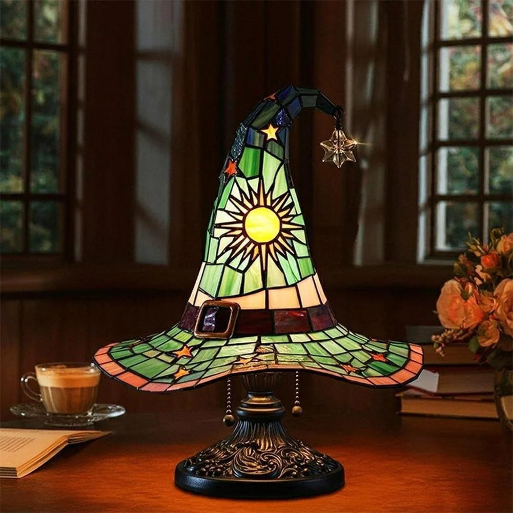 Witch Hat Lamp Stained Glass Resin, Handmade Gothic Witch Hat Lamp, Small Wizard Hats Shape Spooky Fun Light for Indoor Party Haunted Wiccan Halloween Decor (Purple )