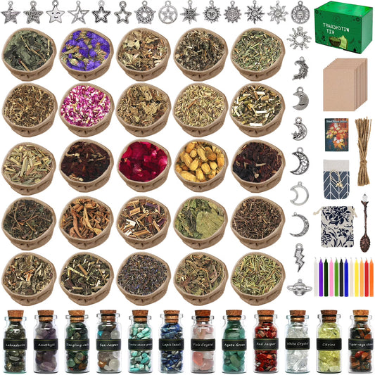 Witchcraft Supplies Kit 110 PCS, Beginner Witchcraft Kit for Altar Supplies,Wiccan Supplies and Tools- Crystal Jars, Dried Herbs, Colored Candles, Spiritual Items for Witch Spells Altar Decor