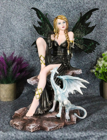 Large 17.5"H Collectible Large Fantasy Fairy with Black Dragon Figurine Statue