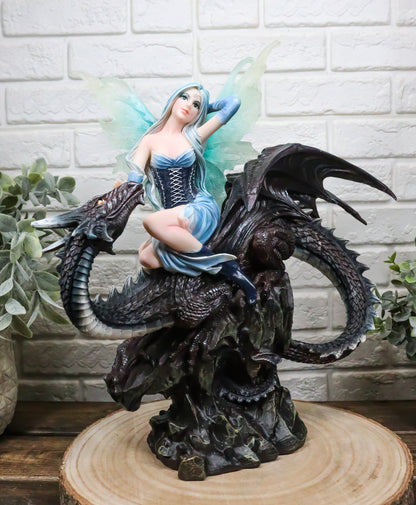 Large 13" Tall Blue Ice Frozen Lair Fairy with Black Skull Dragon Figurine