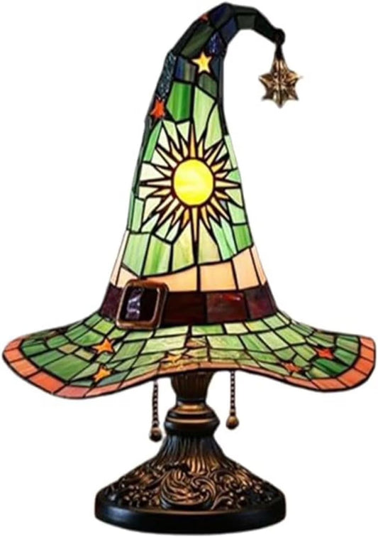 Witch Hat Lamp Stained Glass Resin, Handmade Gothic Witch Hat Lamp, Small Wizard Hats Shape Spooky Fun Light for Indoor Party Haunted Wiccan Halloween Decor (Green )