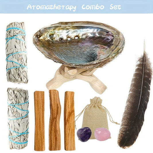 "Home Cleaning Incense Set with White Sage, Holy Wood, Abalone Shell and Stand, Feathers - Gift Set for Christmas, Home Decor, Party Decor, Thanksgiving Gift