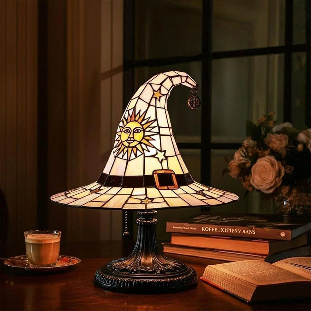 Witch Hat Lamp Stained Glass Resin, Handmade Gothic Witch Hat Lamp, Small Wizard Hats Shape Spooky Fun Light for Indoor Party Haunted Wiccan Halloween Decor (Green )
