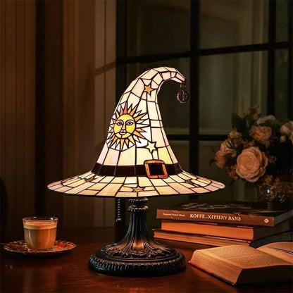 Witch Hat Lamp Stained Glass Resin, Handmade Gothic Witch Hat Lamp, Small Wizard Hats Shape Spooky Fun Light for Indoor Party Haunted Wiccan Halloween Decor (Green )