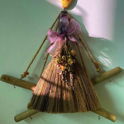 12.2" Witch Altar Broom | Amethyst Crystal Deco Wicca Brush | Handmade Miscanthus Broomstick for Majic Ceremonial, Wall Decor, Wiccan Ritual Broom