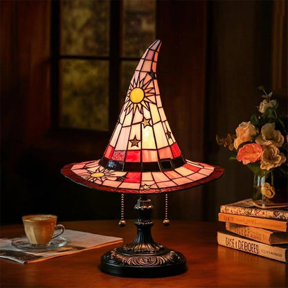 Witch Hat Lamp Stained Glass Resin, Handmade Gothic Witch Hat Lamp, Small Wizard Hats Shape Spooky Fun Light for Indoor Party Haunted Wiccan Halloween Decor (Green )