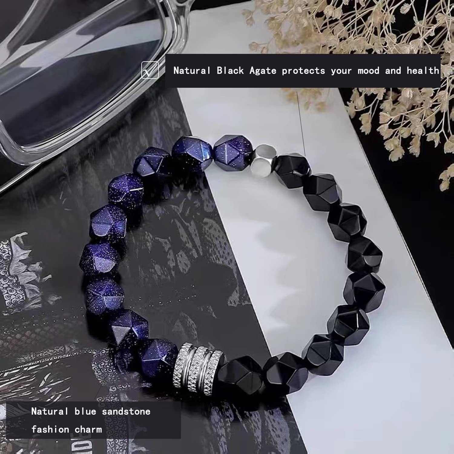 Black Raw Tourmaline Crystal Stone Necklace Pendant Amulet Pillar Pendant+Triple Protection Bracelet Hematite Obsidian Tiger Eye Bracelets for Men Women 2Pcs …