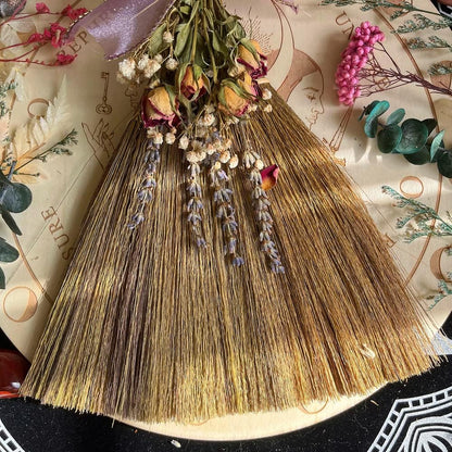 12.2" Witch Altar Broom | Amethyst Crystal Deco Wicca Brush | Handmade Miscanthus Broomstick for Majic Ceremonial, Wall Decor, Wiccan Ritual Broom