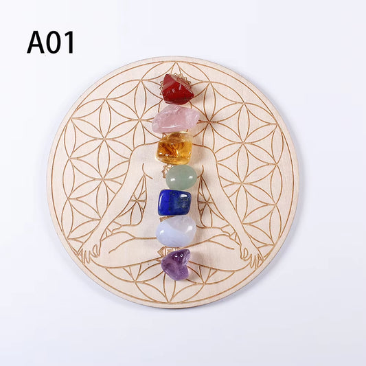 7Pcs/Set Natural Crystal Mixed Seven Chakra Healing Stone + Seven Star Array Wood Plate Gravel Chips Chakra Home Decor Gift