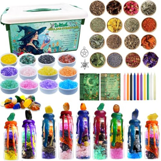 145pcs Witchcraft Starter Kit with Spell Jars, Candles, Crystals & Dried Herbs - Complete Witchy Supplies Set for Beginners & Experienced Witches, Magical Rituals Tools, Gift Box with Step-by-Step Guide - Safe & Ethically Sourced Natural
