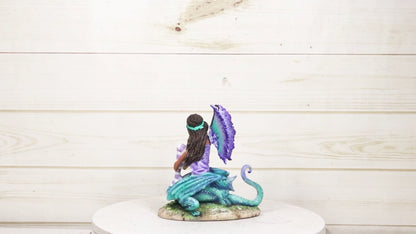 Amy Brown Fantasy Magic Turquoise Ebony Fairy Perching on Water Dragon Figurine