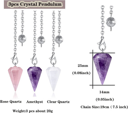 3 Pcs Crystal Pendulums Set for Divination Dowsing Natural Amethyst Rose Quartz Clear Quartz Healing Crystal Quartz Reiki Gemstone Pendants Witchcraft Wiccan Accessories