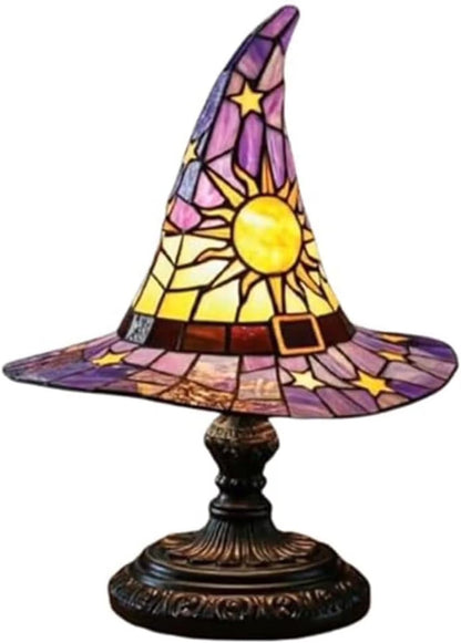 Witch Hat Lamp Stained Glass Resin, Handmade Gothic Witch Hat Lamp, Small Wizard Hats Shape Spooky Fun Light for Indoor Party Haunted Wiccan Halloween Decor (Purple )