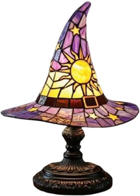 Witch Hat Lamp Stained Glass Resin, Handmade Gothic Witch Hat Lamp, Small Wizard Hats Shape Spooky Fun Light for Indoor Party Haunted Wiccan Halloween Decor (Purple )
