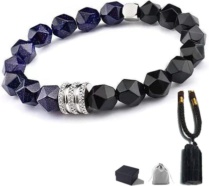 Black Raw Tourmaline Crystal Stone Necklace Pendant Amulet Pillar Pendant+Triple Protection Bracelet Hematite Obsidian Tiger Eye Bracelets for Men Women 2Pcs …