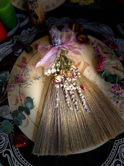 12.2" Witch Altar Broom | Amethyst Crystal Deco Wicca Brush | Handmade Miscanthus Broomstick for Majic Ceremonial, Wall Decor, Wiccan Ritual Broom