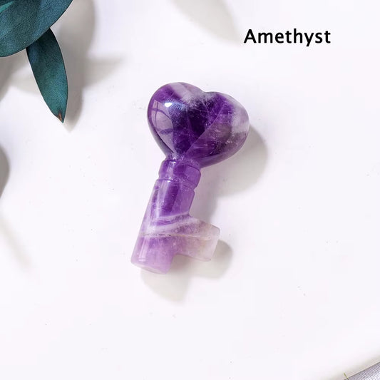 1PC Natural Crystal Stone Heart Key Shape Rose Quartz Amethyst Carving Gemstone DIY Jewelry Necklace