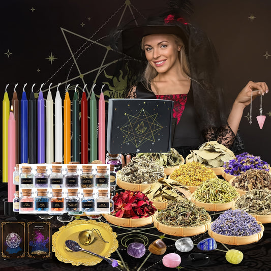 49pcs Witchcraft Starter Kit - Complete Ritual Set with Aromatic Candles, Natural Crystal 7 Chakra, Jars, Herbs, Guided Spells And Essential Tools for Creating A Sacred Witch Altar - Ideal for Beginners And Seasoned Practitioners
