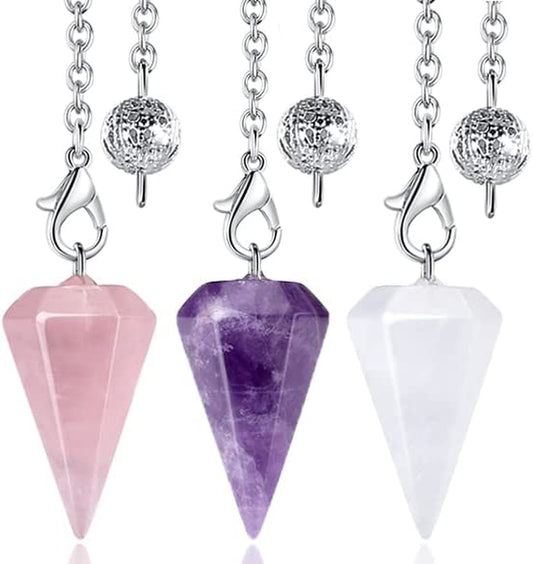 3 Pcs Crystal Pendulums Set for Divination Dowsing Natural Amethyst Rose Quartz Clear Quartz Healing Crystal Quartz Reiki Gemstone Pendants Witchcraft Wiccan Accessories