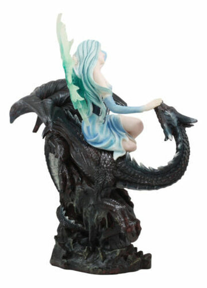 Large 13" Tall Blue Ice Frozen Lair Fairy with Black Skull Dragon Figurine