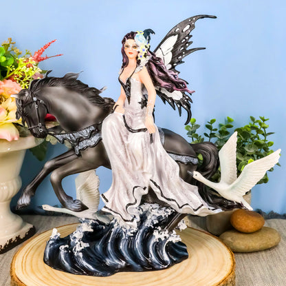 Ebros Black Beauty Masquerade Swan Fairy Riding Black Horse Figurine 12"H
