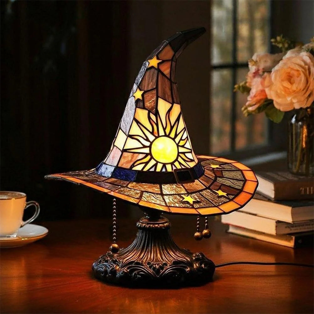 Witch Hat Lamp Stained Glass Resin, Handmade Gothic Witch Hat Lamp, Small Wizard Hats Shape Spooky Fun Light for Indoor Party Haunted Wiccan Halloween Decor (Purple )