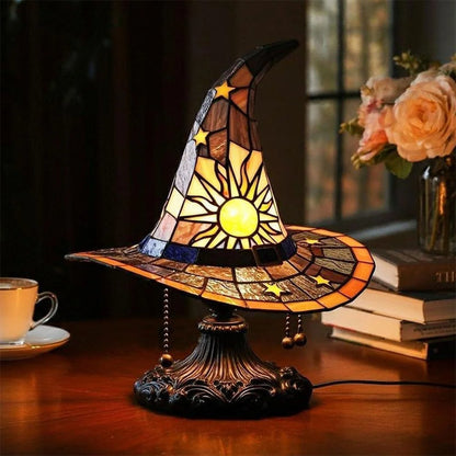 Witch Hat Lamp Stained Glass Resin, Handmade Gothic Witch Hat Lamp, Small Wizard Hats Shape Spooky Fun Light for Indoor Party Haunted Wiccan Halloween Decor (Green )