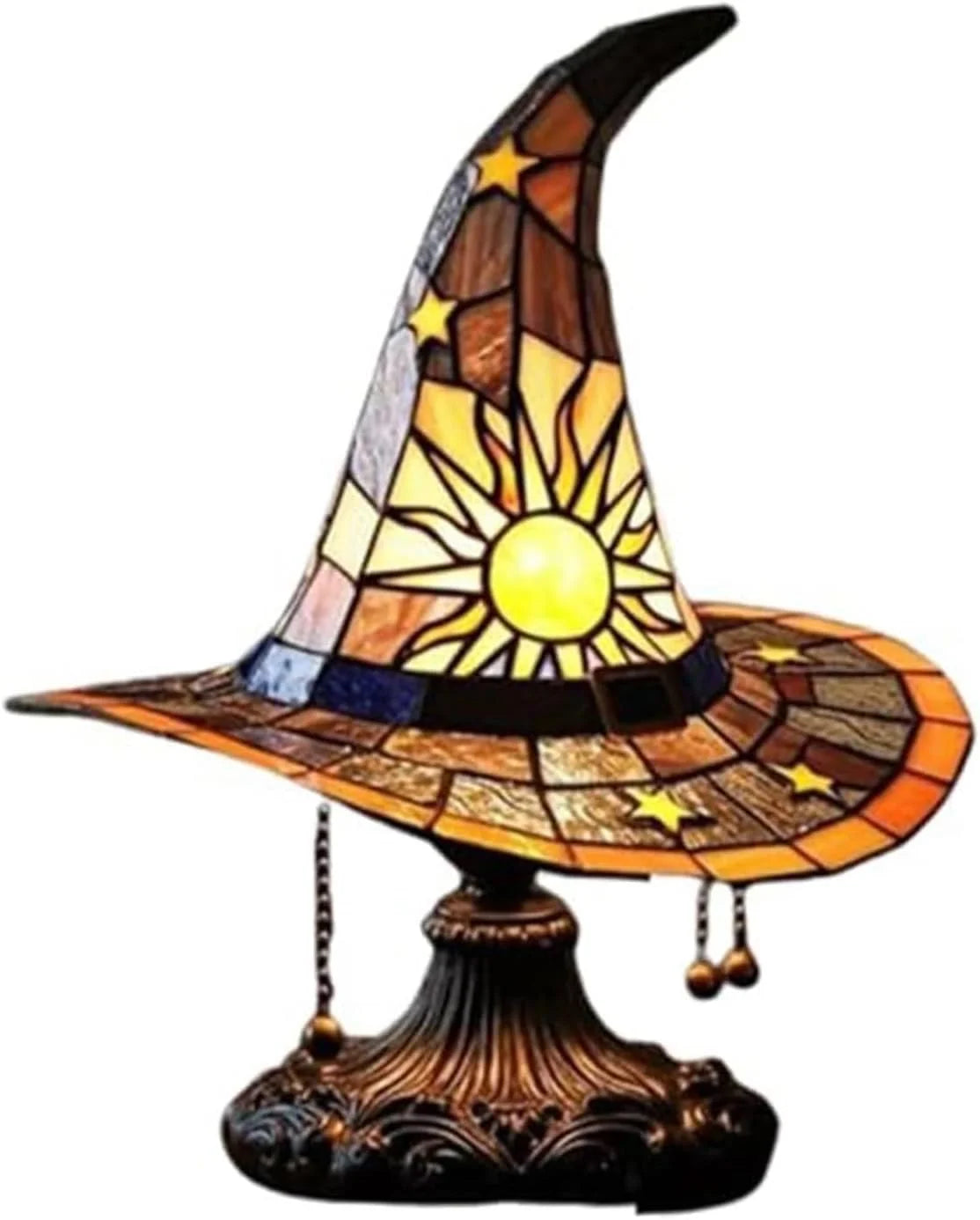 Witch Hat Lamp Stained Glass Resin, Handmade Gothic Witch Hat Lamp, Small Wizard Hats Shape Spooky Fun Light for Indoor Party Haunted Wiccan Halloween Decor (Green )